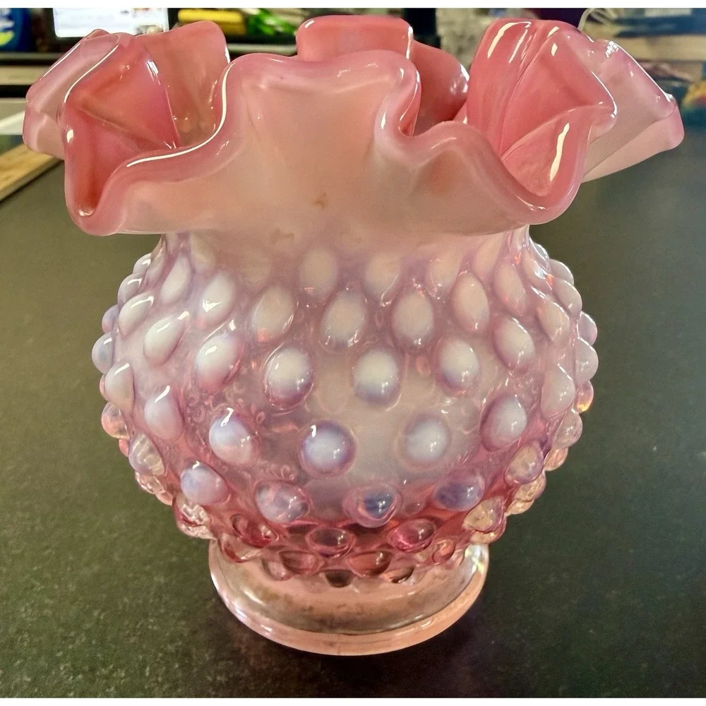 Pair Fenton Cranberry Opalescent Hobnail Rose Bowl Vases – Ruffled Edge – Vtg